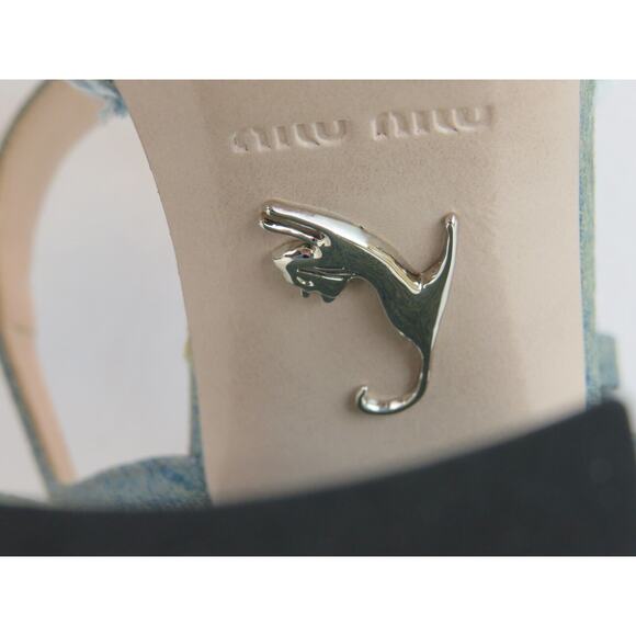 MIU MIU 5XP832 BLUE WASHED DENIM BUCKLE ANKLE STRAP SANDAL PLATFORM PUMPS 37 - Picture 13 of 14